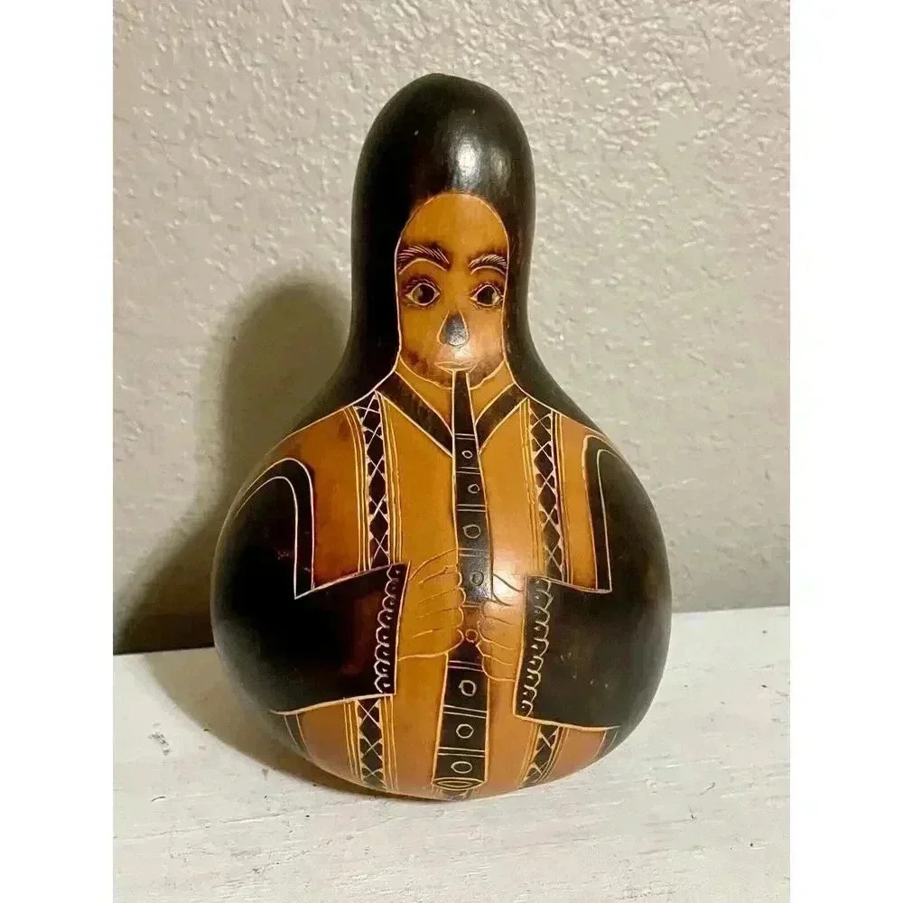 Peruvian Gourd Man Flute Player - Carved‎ and Painted - Peru Indian Folk Art